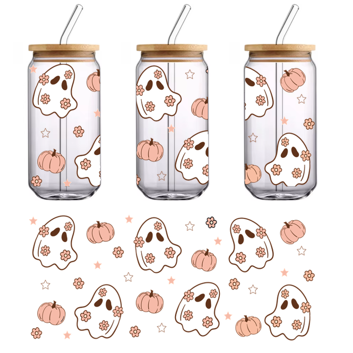 A playful pattern featuring cute ghost illustrations adorned with flowers and accompanied by pumpkins and sparkling stars, perfect for Halloween.UV Transfers heat press transfers