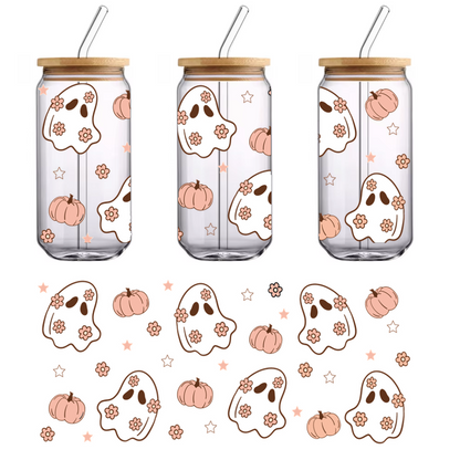 A playful pattern featuring cute ghost illustrations adorned with flowers and accompanied by pumpkins and sparkling stars, perfect for Halloween.UV Transfers heat press transfers