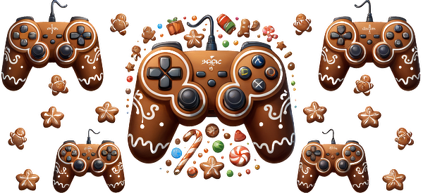 A whimsical collection of chocolate-themed video game controllers surrounded by festive gingerbread cookies and colorful candies.UV Transfers heat press transfers