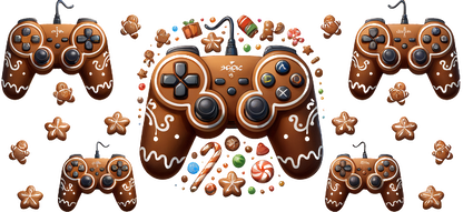 A whimsical collection of chocolate-themed video game controllers surrounded by festive gingerbread cookies and colorful candies.UV Transfers heat press transfers