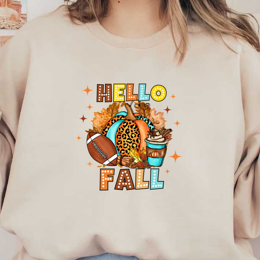 A colorful fall-themed graphic featuring a leopard-print pumpkin, football, autumn leaves, and a seasonal drink with the phrase "Hello Fall." heat press transfers