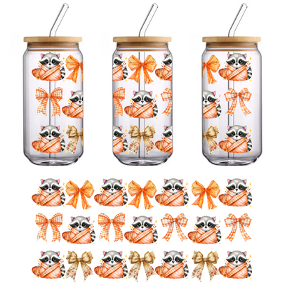 A charming collection of raccoon illustrations wrapped in cozy fabrics, adorned with various orange and gold bows, perfect for autumn themes.UV Transfers heat press transfers