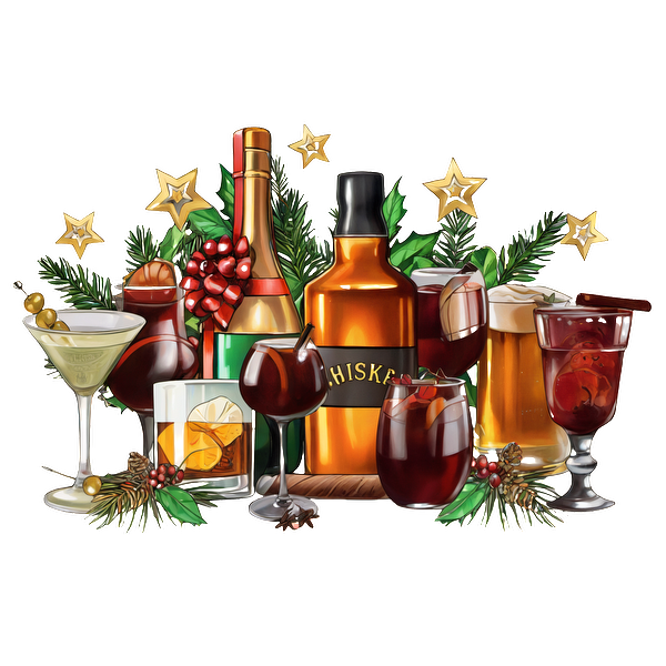 A festive arrangement of various alcoholic beverages, including whiskey, cocktails, and beer, surrounded by holiday greenery and stars. dtf prints