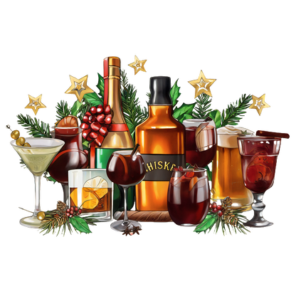 A festive arrangement of various alcoholic beverages, including whiskey, cocktails, and beer, surrounded by holiday greenery and stars. dtf prints