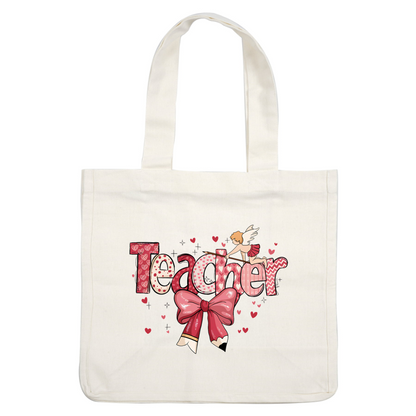 A vibrant and playful design featuring the word "Teacher" adorned with hearts, a bow, and a whimsical angel.DTF Transfers