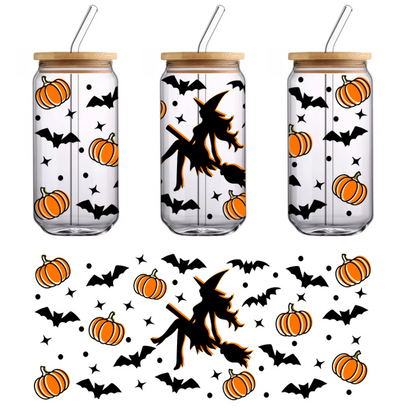 A whimsical Halloween-themed illustration featuring a witch silhouette surrounded by cheerful orange pumpkins.UV Transfers dtf transfers