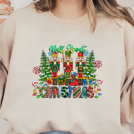 Celebrate the holiday spirit with this vibrant "Nuts About Christmas" design featuring festive nutcrackers, colorful gifts, and cheerful decorations.DTF Transfers heat press transfersdtf regular iron