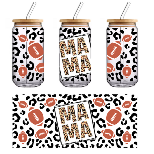 A fun design featuring the word "MAMA" in a leopard print, surrounded by vibrant football illustrations.UV Transfersdtf regular iron