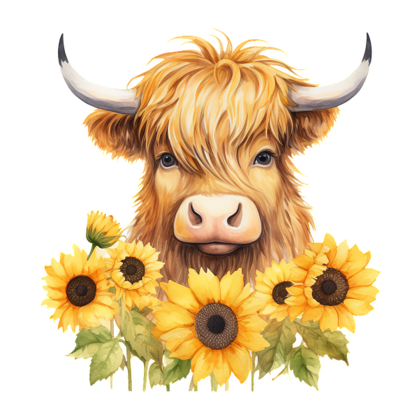 Una encantadora ilustración de una vaca de las Highlands rodeada de vibrantes girasoles, que muestra sus características distintivas y su expresión amistosa.