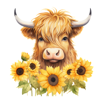 Una encantadora ilustración de una vaca de las Highlands rodeada de vibrantes girasoles, que muestra sus características distintivas y su expresión amistosa.