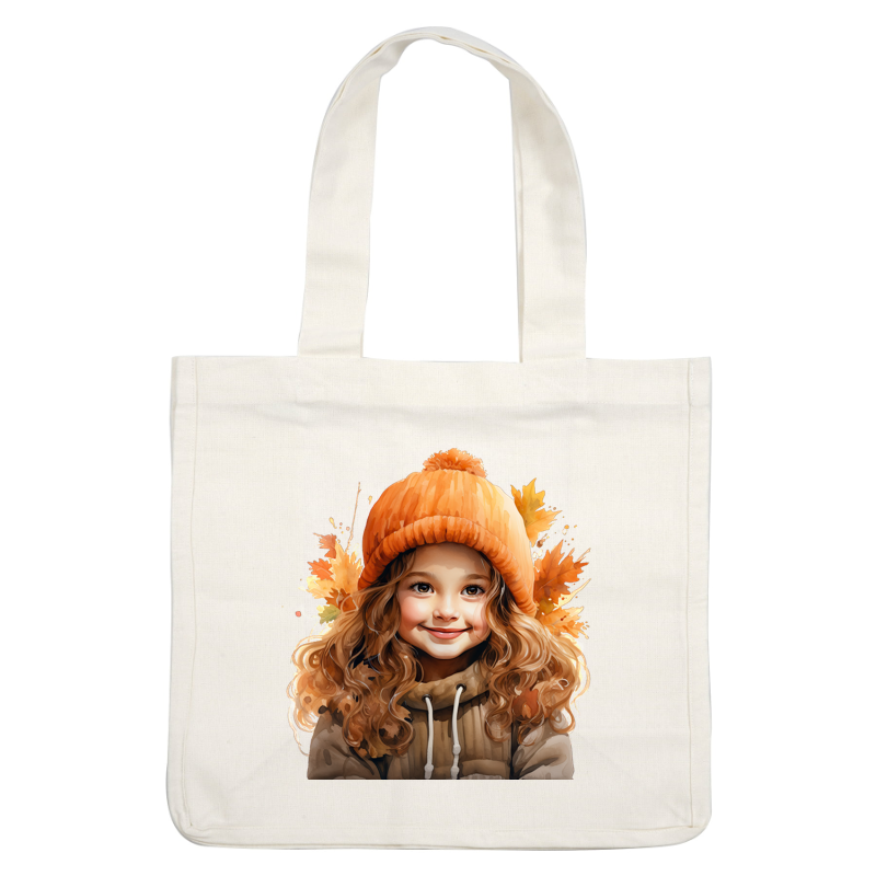 A cheerful girl with curly hair wears an orange knit hat and a cozy jacket, surrounded by colorful autumn leaves.dtf regular iron