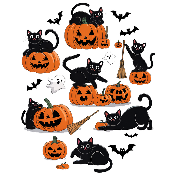 Una divertida escena de Halloween con gatos negros interactuando con calabazas talladas, fantasmas y murciélagos, ¡perfecta para la decoración festiva!