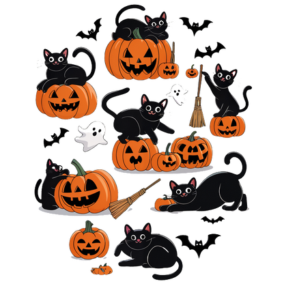 Una divertida escena de Halloween con gatos negros interactuando con calabazas talladas, fantasmas y murciélagos, ¡perfecta para la decoración festiva!