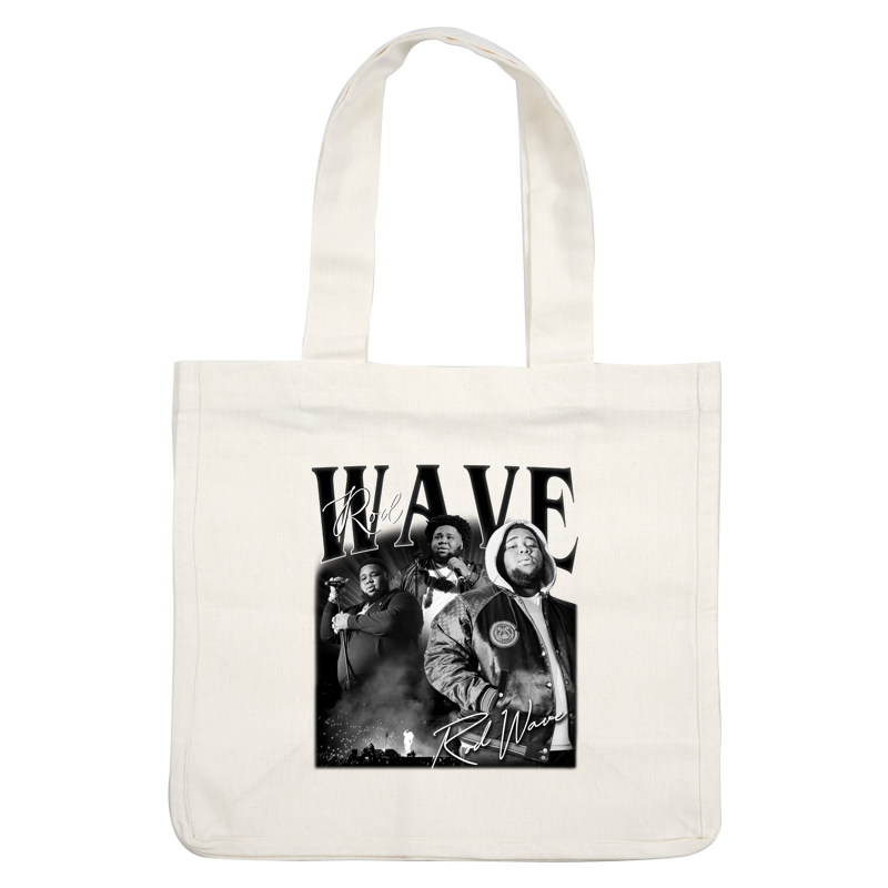 A dynamic black-and-white collage of Rod Wave showcasing his music performances and signature style in a stylish jacket.DTF Transfers dtf prints