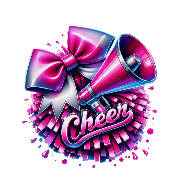 A vibrant graphic featuring a cheerleading megaphone, pink bows, and a cheerful "Cheer" design, perfect for spirited events.DTF Transfers heat press transfers