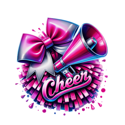 A vibrant graphic featuring a cheerleading megaphone, pink bows, and a cheerful "Cheer" design, perfect for spirited events.DTF Transfers heat press transfers