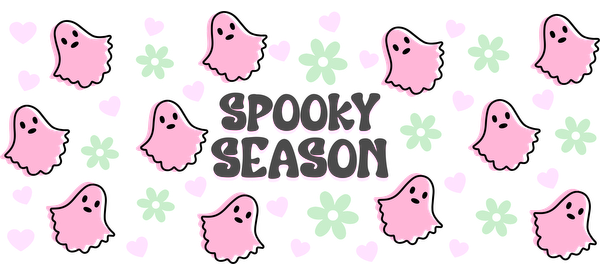 A playful Halloween-themed design featuring cute pink ghosts, green flowers, and hearts, with the phrase "Spooky Season."UV Transfers dtf prints