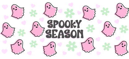 A playful Halloween-themed design featuring cute pink ghosts, green flowers, and hearts, with the phrase "Spooky Season."UV Transfers dtf prints