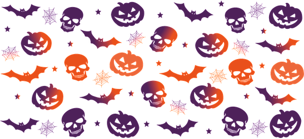 A vibrant Halloween-themed pattern featuring orange pumpkins, purple skulls, bats, and spooky spider webs against a black background.UV Transfers heat press transfers