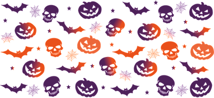 A vibrant Halloween-themed pattern featuring orange pumpkins, purple skulls, bats, and spooky spider webs against a black background.UV Transfers heat press transfers