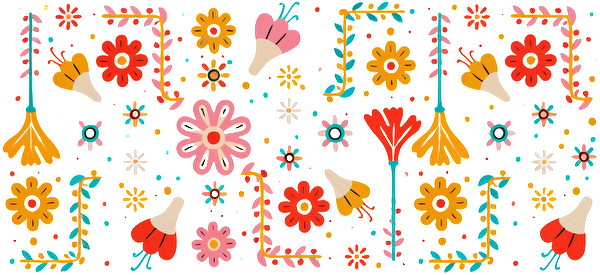 A vibrant floral pattern featuring a variety of colorful flowers and whimsical designs, perfect for brightening any surface.UV Transfers heat press transfers