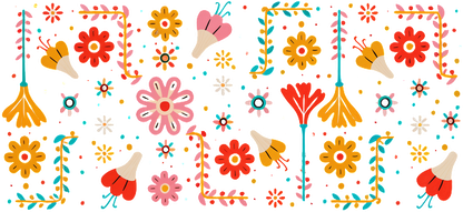 A vibrant floral pattern featuring a variety of colorful flowers and whimsical designs, perfect for brightening any surface.UV Transfers heat press transfers