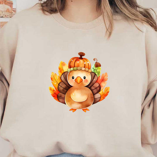 A cute, cartoon turkey adorned with a pumpkin hat, surrounded by colorful autumn leaves for a cheerful autumn vibe. dtf prints