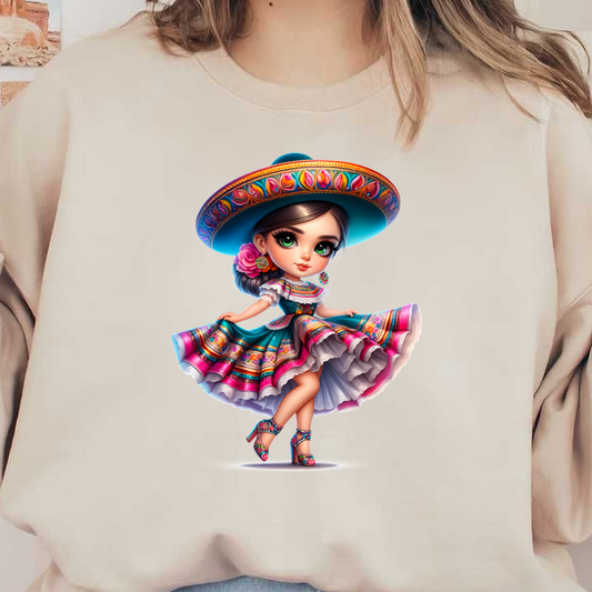 A charming doll in a colorful traditional Mexican dress, complete with a large sombrero and vibrant floral accents. heat press transfers