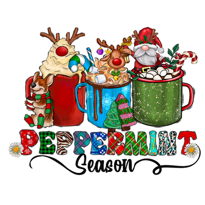 Cozy and festive, this illustration features colorful mugs filled with treats, playful holiday characters, and whimsical lettering that spells "Peppermint."DTF Transfers dtf prints