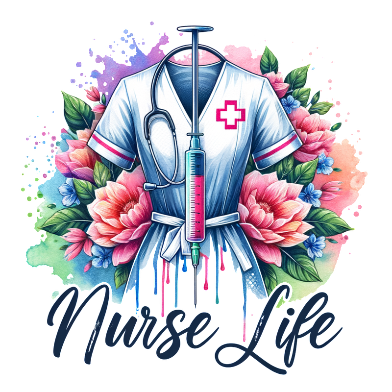 A vibrant design featuring a nurse's scrubs with a stethoscope and syringe, surrounded by colorful flowers, celebrating "Nurse Life."DTF Transfers