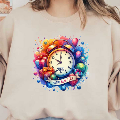 Celebrate 2025 with this vibrant New Year’s artwork featuring a classic clock, colorful balloons, and beautifully wrapped gifts!DTF Transfers