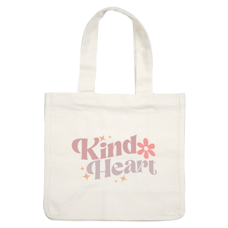 Un diseño divertido y colorido que presenta las palabras "Kind Heart" junto con una flor y brillos.