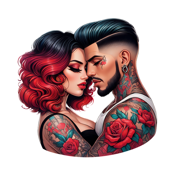 Una vibrante pieza de arte de tatuaje que presenta a una pareja en un abrazo apasionado, mostrando intrincados tatuajes florales y peinados elegantes. Transferencias DTF