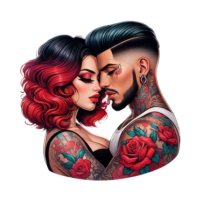 Una vibrante pieza de arte de tatuaje que presenta a una pareja en un abrazo apasionado, mostrando intrincados tatuajes florales y peinados elegantes. Transferencias DTF