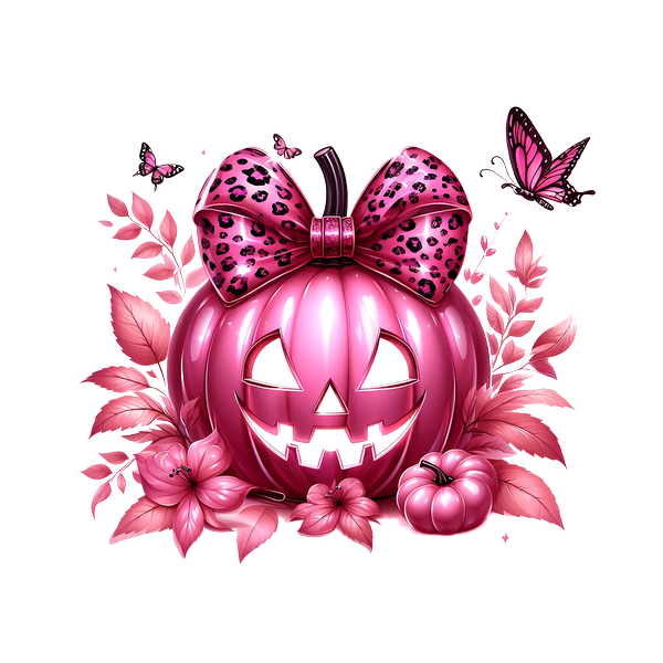 A cheerful pink Halloween pumpkin adorned with a leopard-print bow, surrounded by flowers and butterflies for a festive touch.dtf regular iron