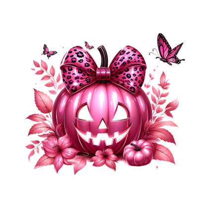 A cheerful pink Halloween pumpkin adorned with a leopard-print bow, surrounded by flowers and butterflies for a festive touch.dtf regular iron