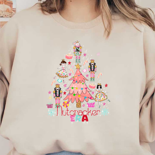 Celebrate the festive spirit with this colorful Nutcracker-themed illustration featuring a pink Christmas tree, nutcracker figurines, and whimsical characters!DTF Transfers heat press transfers