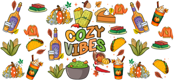 A vibrant illustration celebrating cozy vibes featuring tacos, seasonal treats, drinks, and autumn-themed decorations in a playful arrangement.UV Transfers heat press transfers