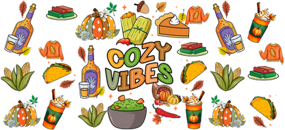 A vibrant illustration celebrating cozy vibes featuring tacos, seasonal treats, drinks, and autumn-themed decorations in a playful arrangement.UV Transfers heat press transfers