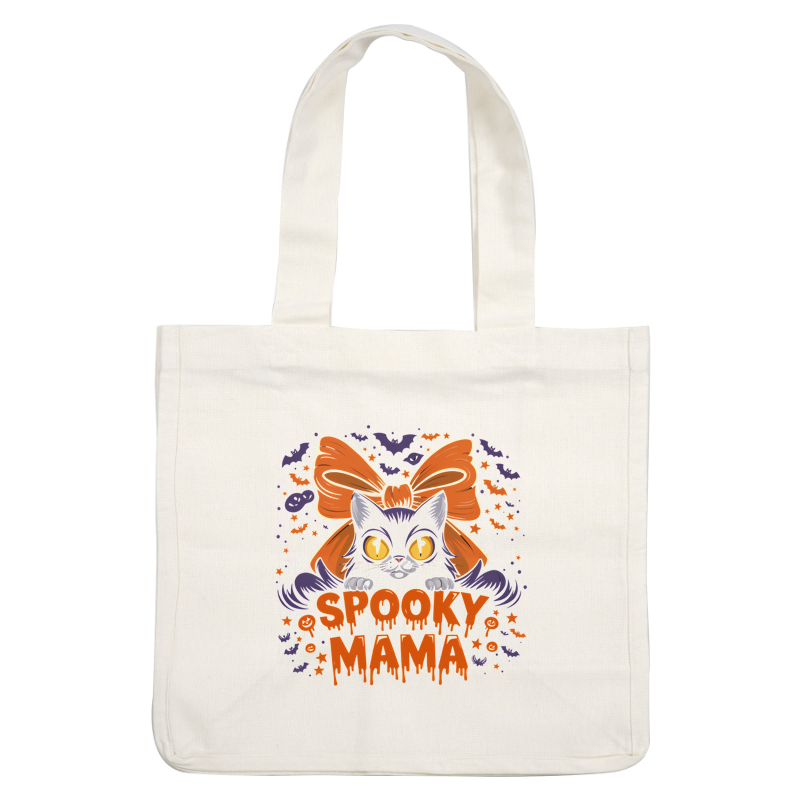 Un divertido diseño de Halloween que presenta un lindo gato negro con un gran lazo naranja, rodeado de decoraciones espeluznantes y el texto "Spooky Mama".