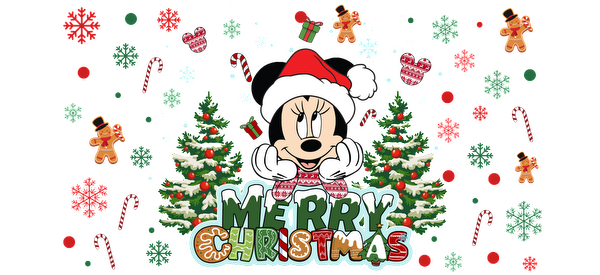 Celebrate the festive spirit with this cheerful "Merry Christmas" design featuring Minnie Mouse, decorated trees, and holiday treats!UV Transfersdtf regular iron