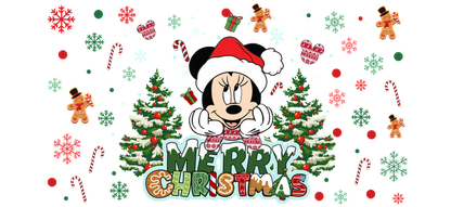 Celebrate the festive spirit with this cheerful "Merry Christmas" design featuring Minnie Mouse, decorated trees, and holiday treats!UV Transfersdtf regular iron