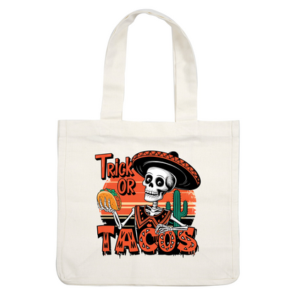 Un esqueleto juguetón con un sombrero sostiene un taco, con un diseño vibrante de "Trick or Tacos" y un fondo de desierto.