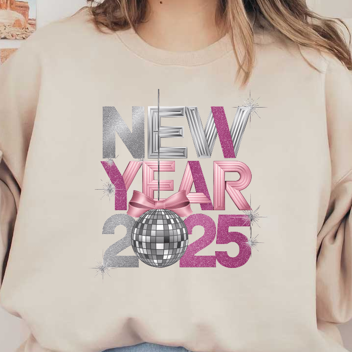 Celebrate New Year 2025 with this vibrant, glittery design featuring bold letters and a sparkling disco ball!DTF Transfers