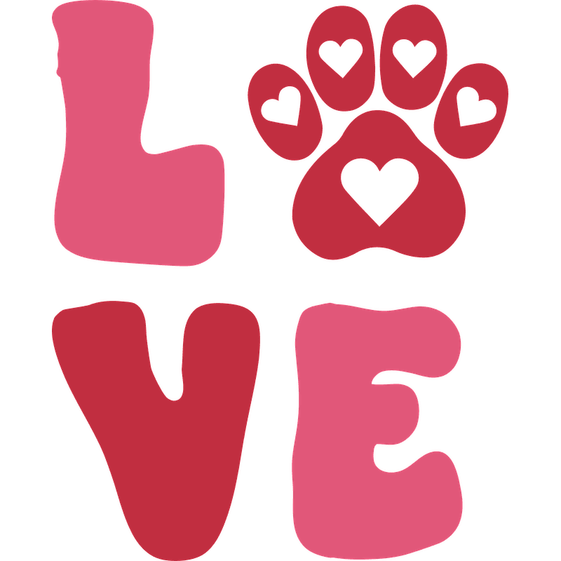 A playful design featuring the word "LOVE" in vibrant pink and red colors, complemented by a cute paw print with heart accents.DTF Transfers