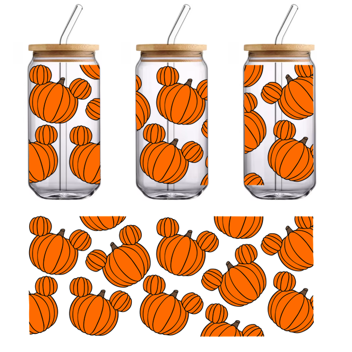 A playful pattern of orange pumpkins featuring Mickey Mouse-inspired silhouettes, perfect for a festive Halloween vibe.UV Transfers heat press transfers