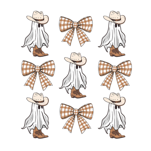 A playful pattern of ghostly figures with cowboy hats and boots, adorned with cute gingham bows. Perfect for a fun theme! dtf prints