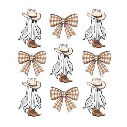 A playful pattern of ghostly figures with cowboy hats and boots, adorned with cute gingham bows. Perfect for a fun theme! dtf prints