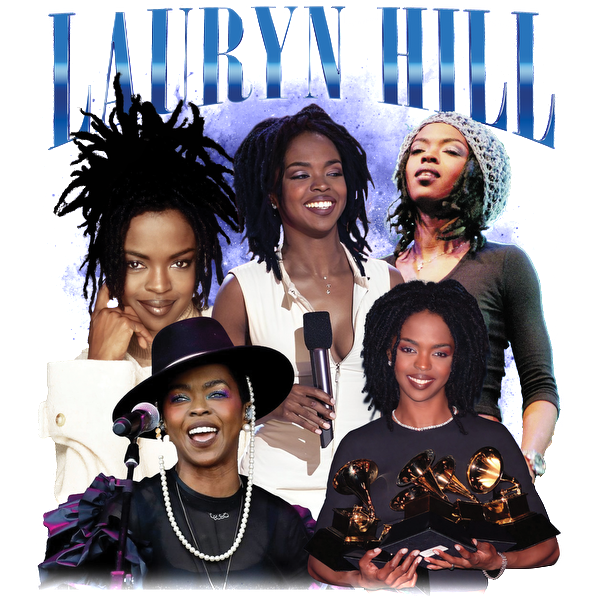 A vibrant collage of Lauryn Hill showcasing her iconic looks and achievements in music, including Grammy wins and live performances.DTF Transfers heat press transfers