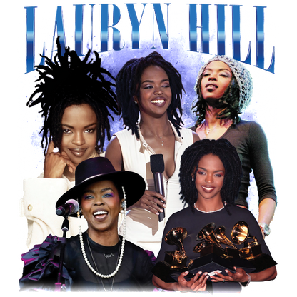 A vibrant collage of Lauryn Hill showcasing her iconic looks and achievements in music, including Grammy wins and live performances.DTF Transfers heat press transfers